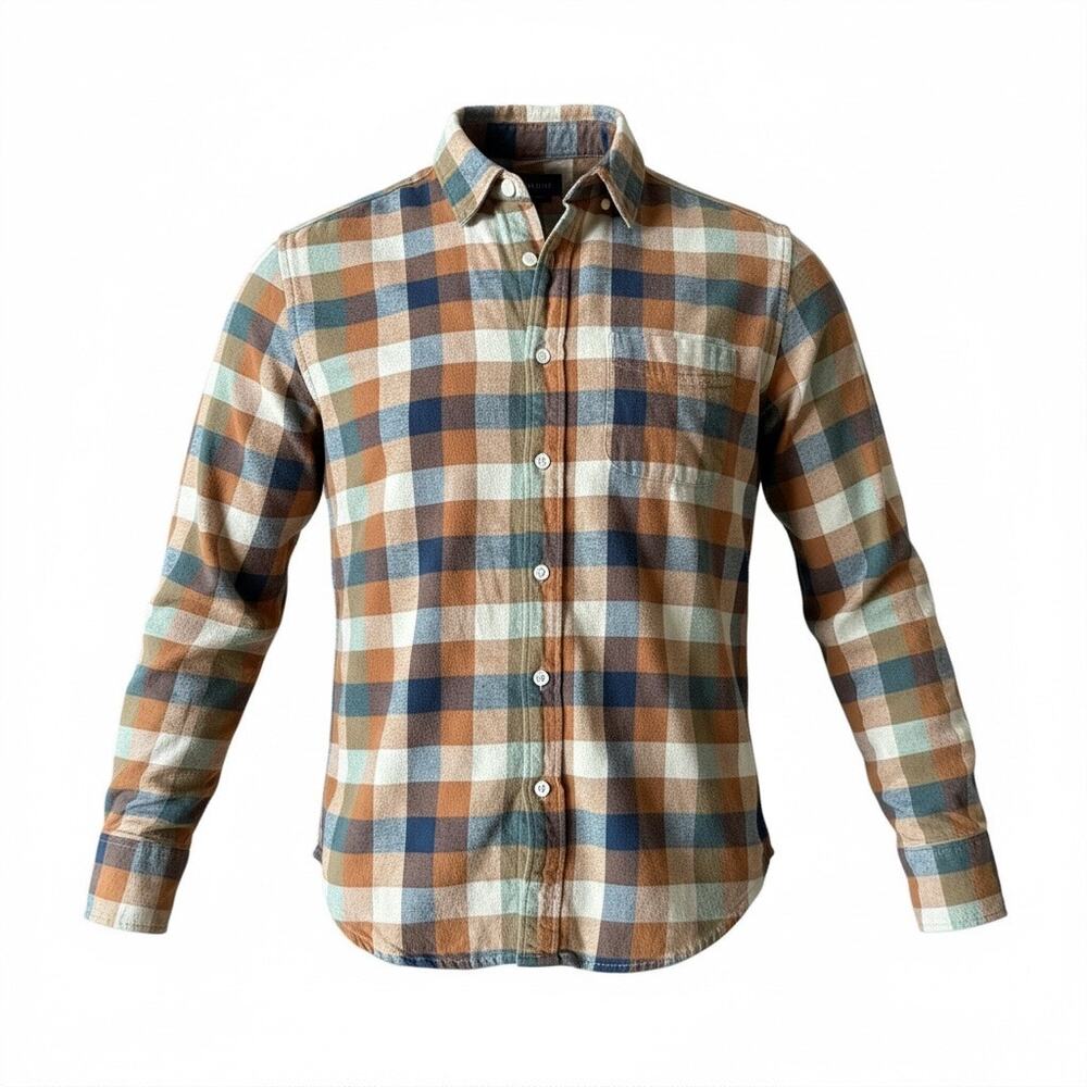J.Crew Men's Brown Green & White Buffalo Check Long Sleeve Flannel Shirt- Size M